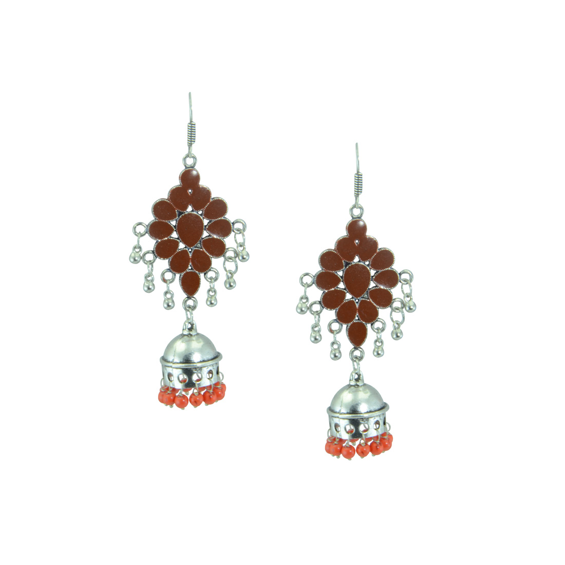 Oxidized Silver Plated Earring With Orange Multipe Pearls